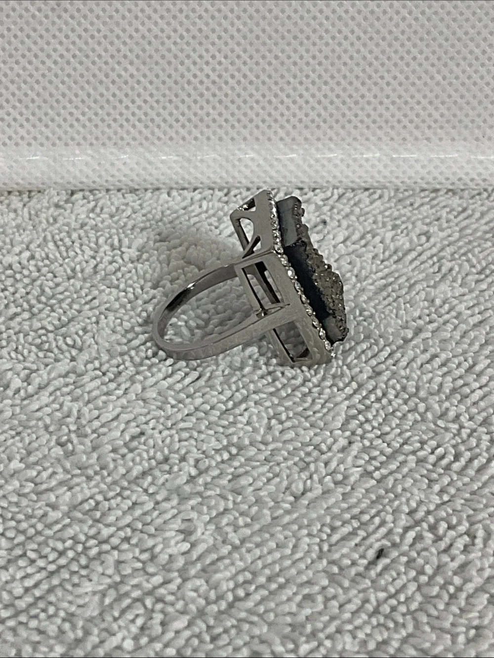 Colleen Lopez Silver Tone Square Charcoal Druzy Mosaic Pavé Statement Ring Sz 8